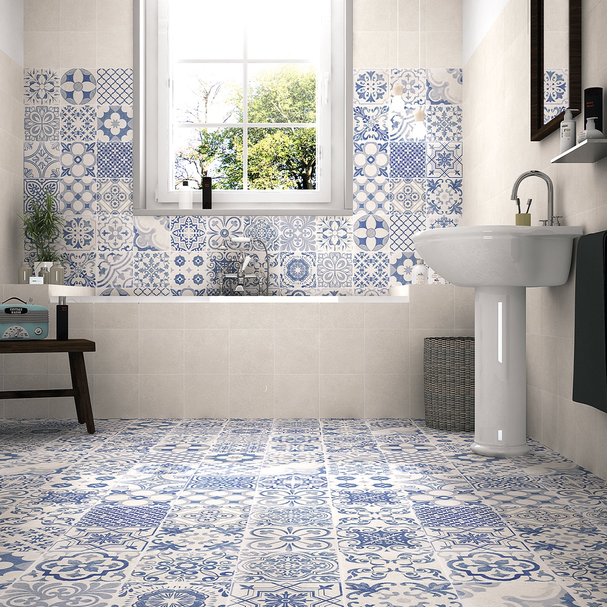 Bathroom with Skyros Deco White flooring and cladding 44x44 (Box 1.37m2)