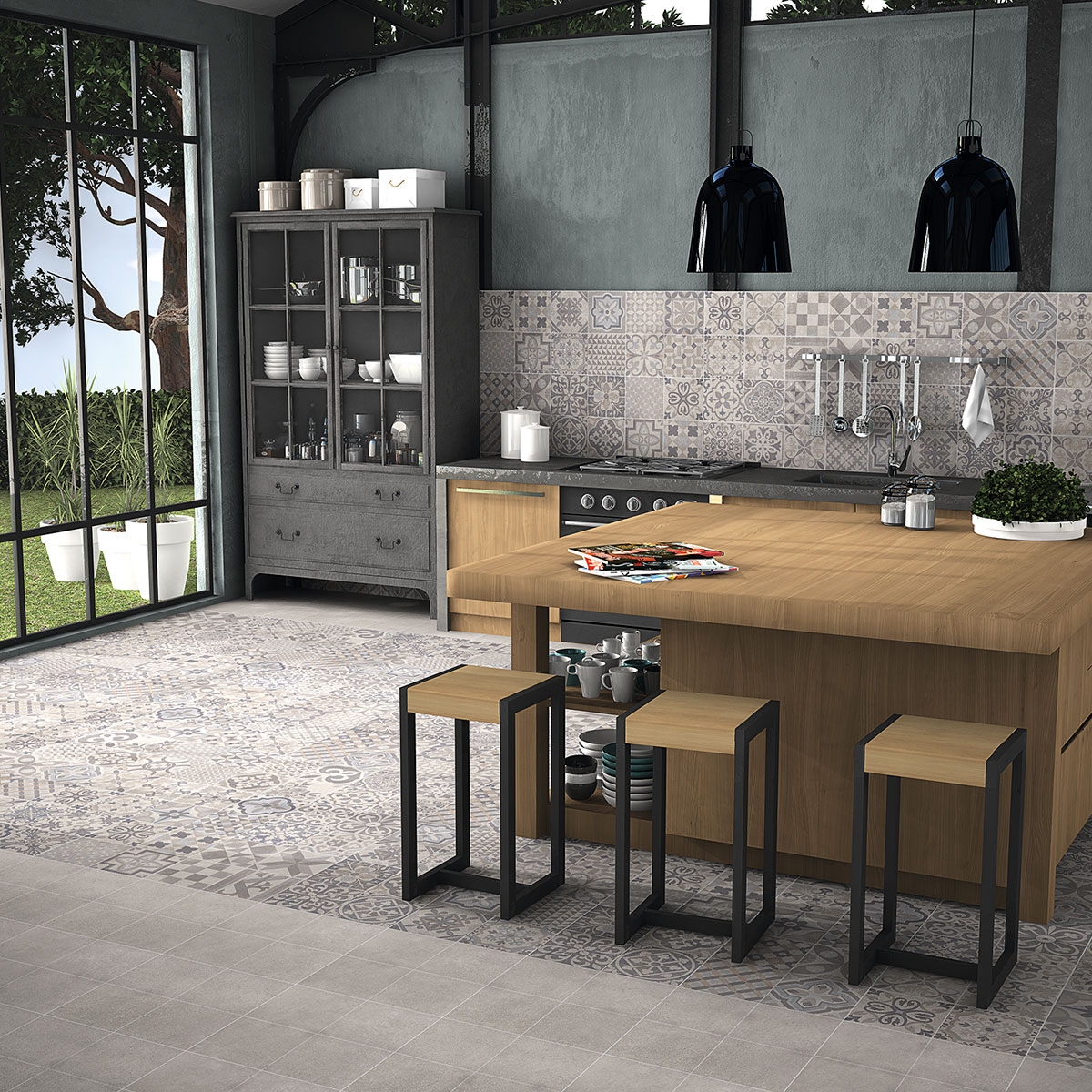 Skyros Deco Grey Kitchen with flooring and cladding 44x44 (Box 1.37m2)