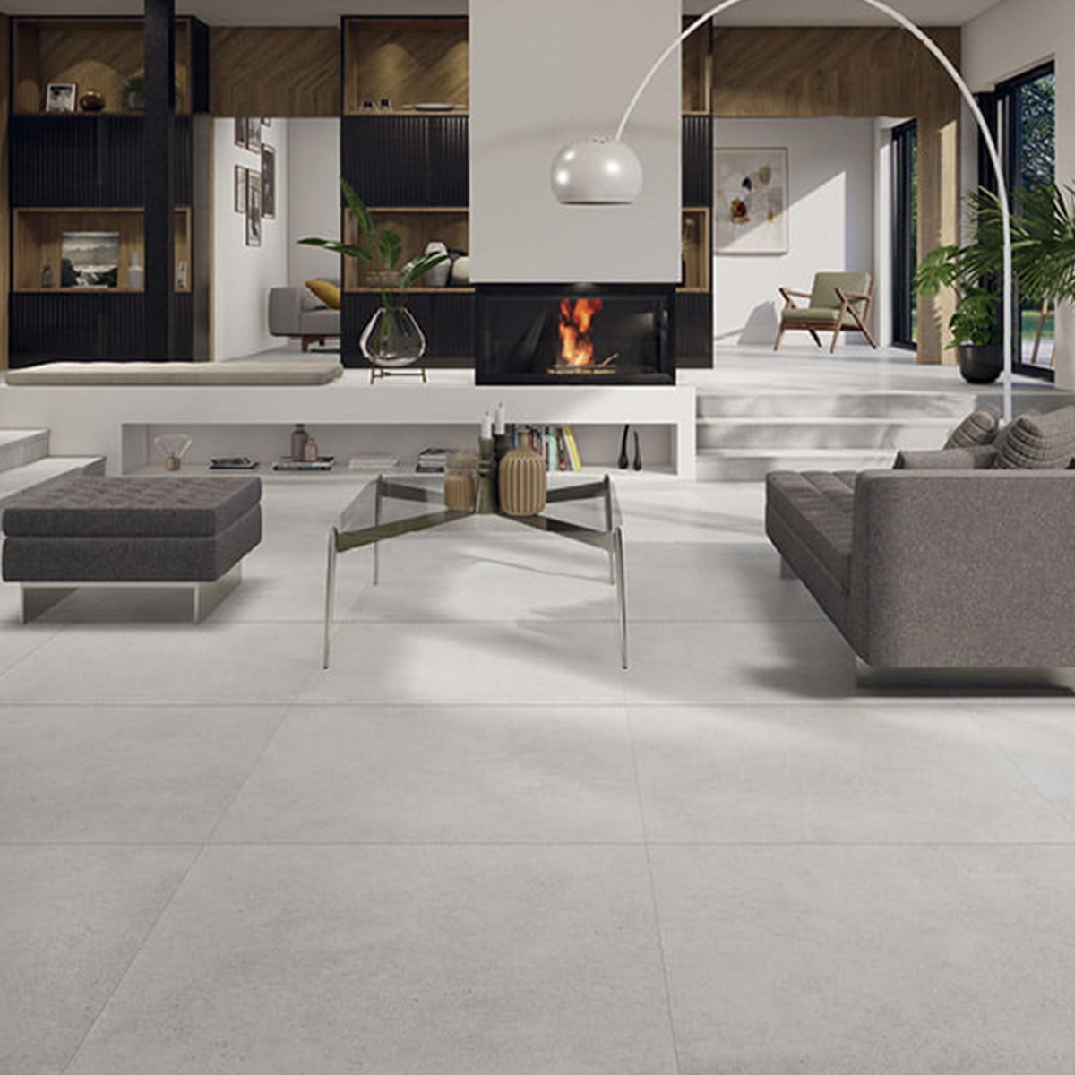 Sala con Pavimento Anima Ceniza 90x90