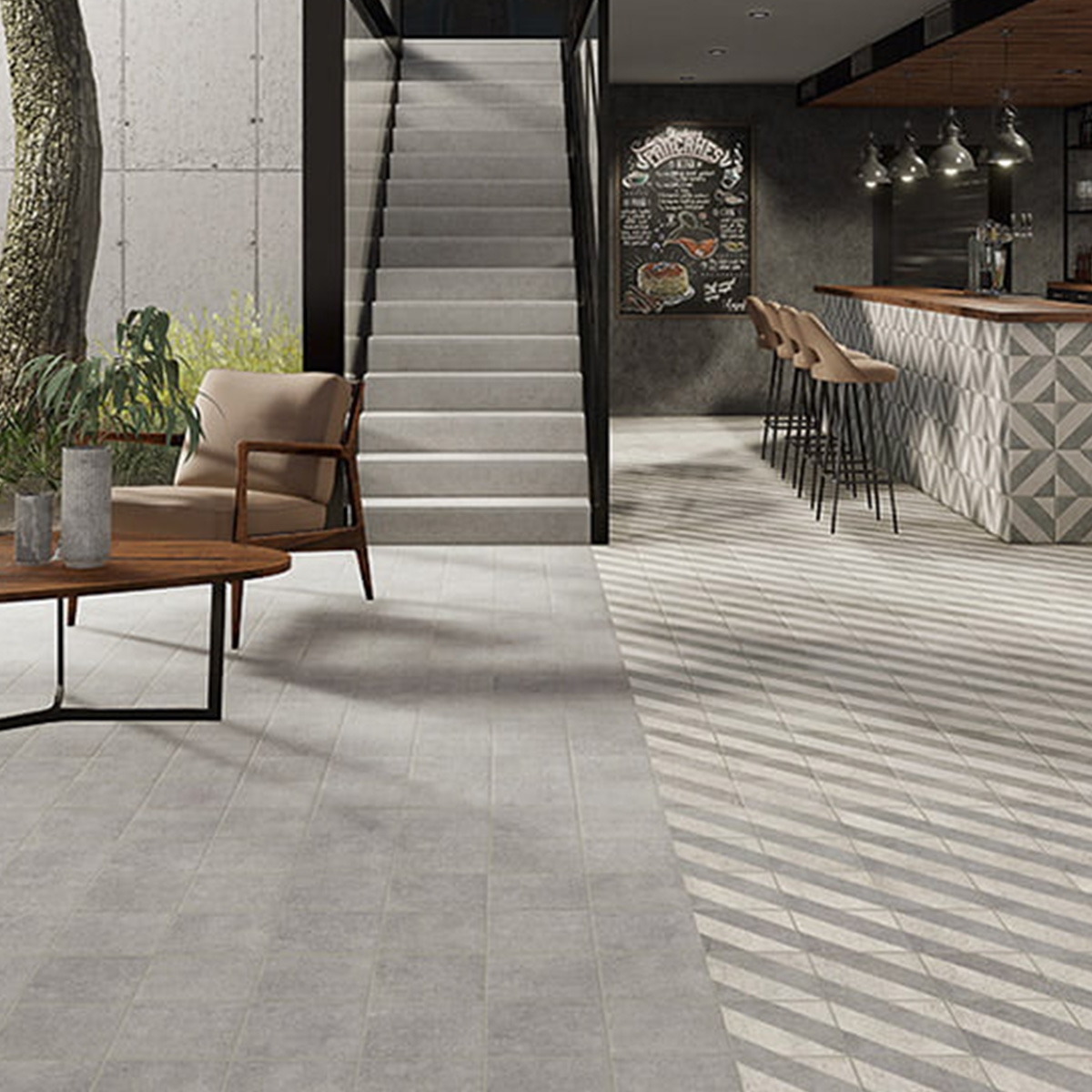 Innenraum mit Anima Ash rutschfestem Pflaster 22,5 x 22,5