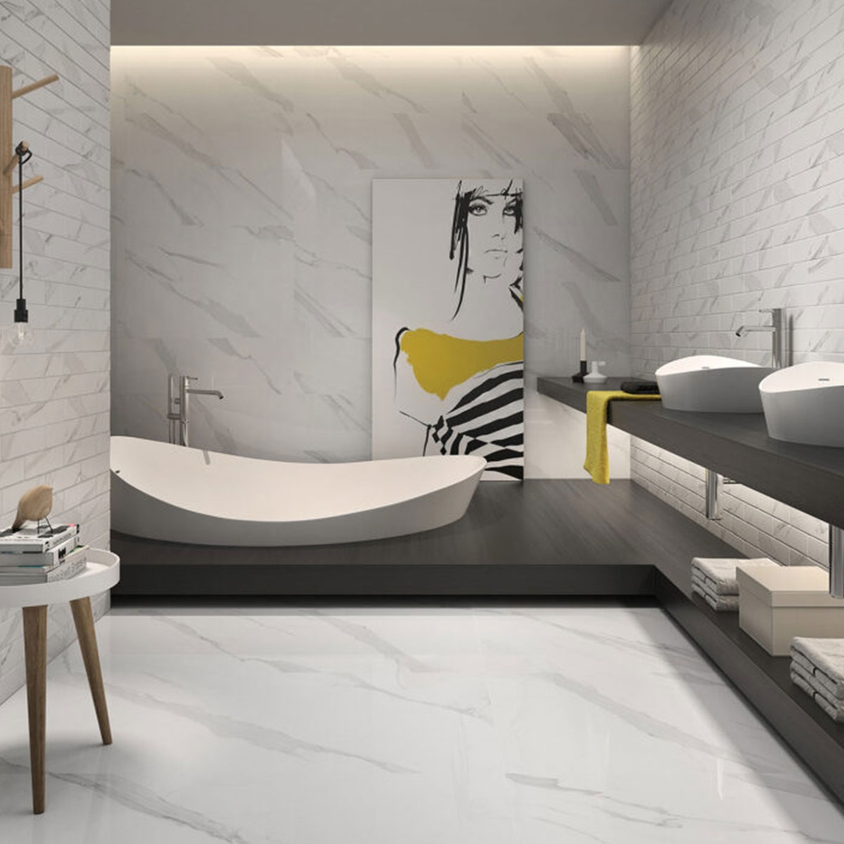 Salle de bain avec revêtement statuaire blanc mat 60x120