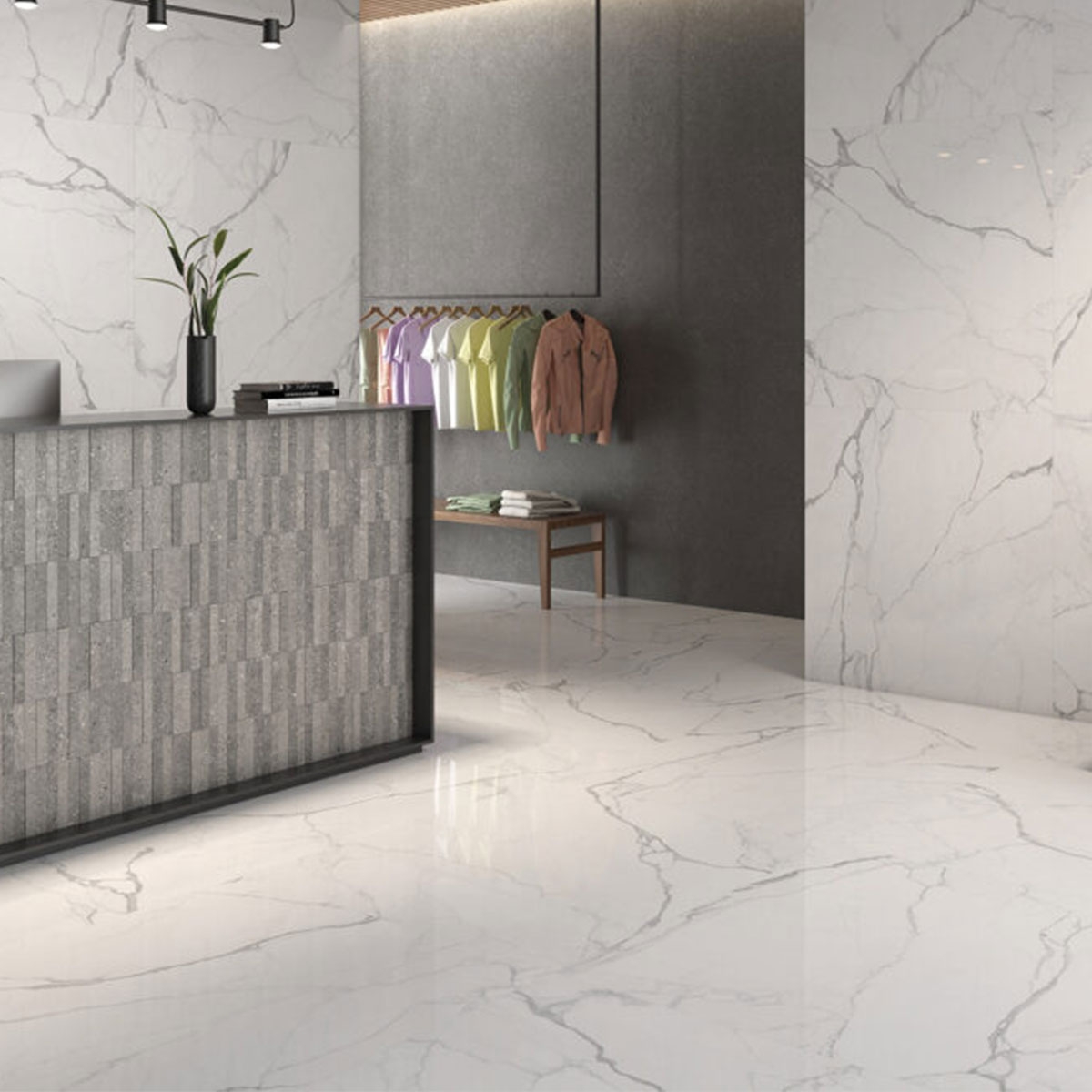 Interior with Artemisa Polished White pavement 120x120