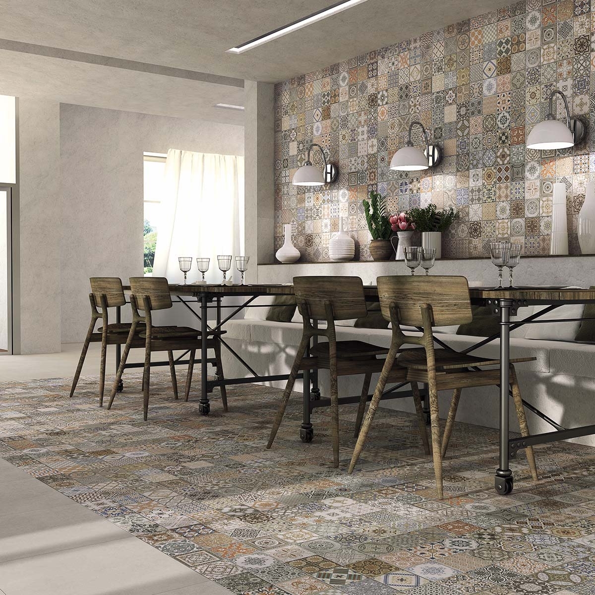 Restaurante com pavimento e azulejos de parede Provenza Deco 44x44