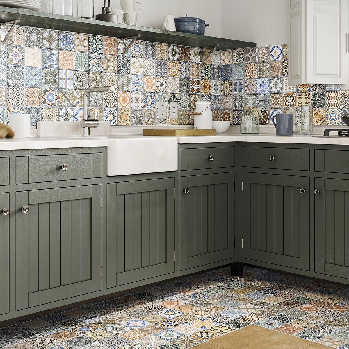 Cocina con Revestimiento y Pavimento Provenza Deco 44x44