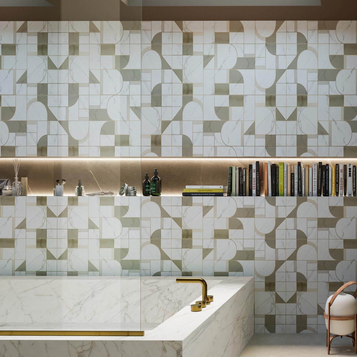 Badezimmer mit Allmarble Golden White Satin Decoro Club Coating 40x120