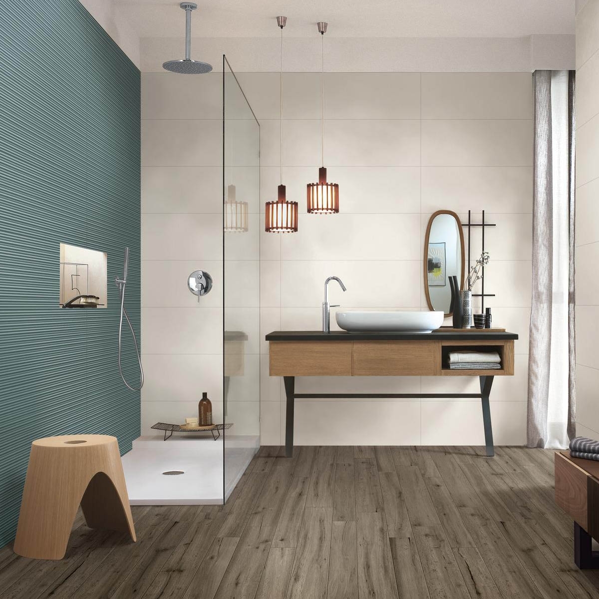 Badezimmer mit Colorplay Sage Struttura Mikado 3D-Beschichtung 30x90