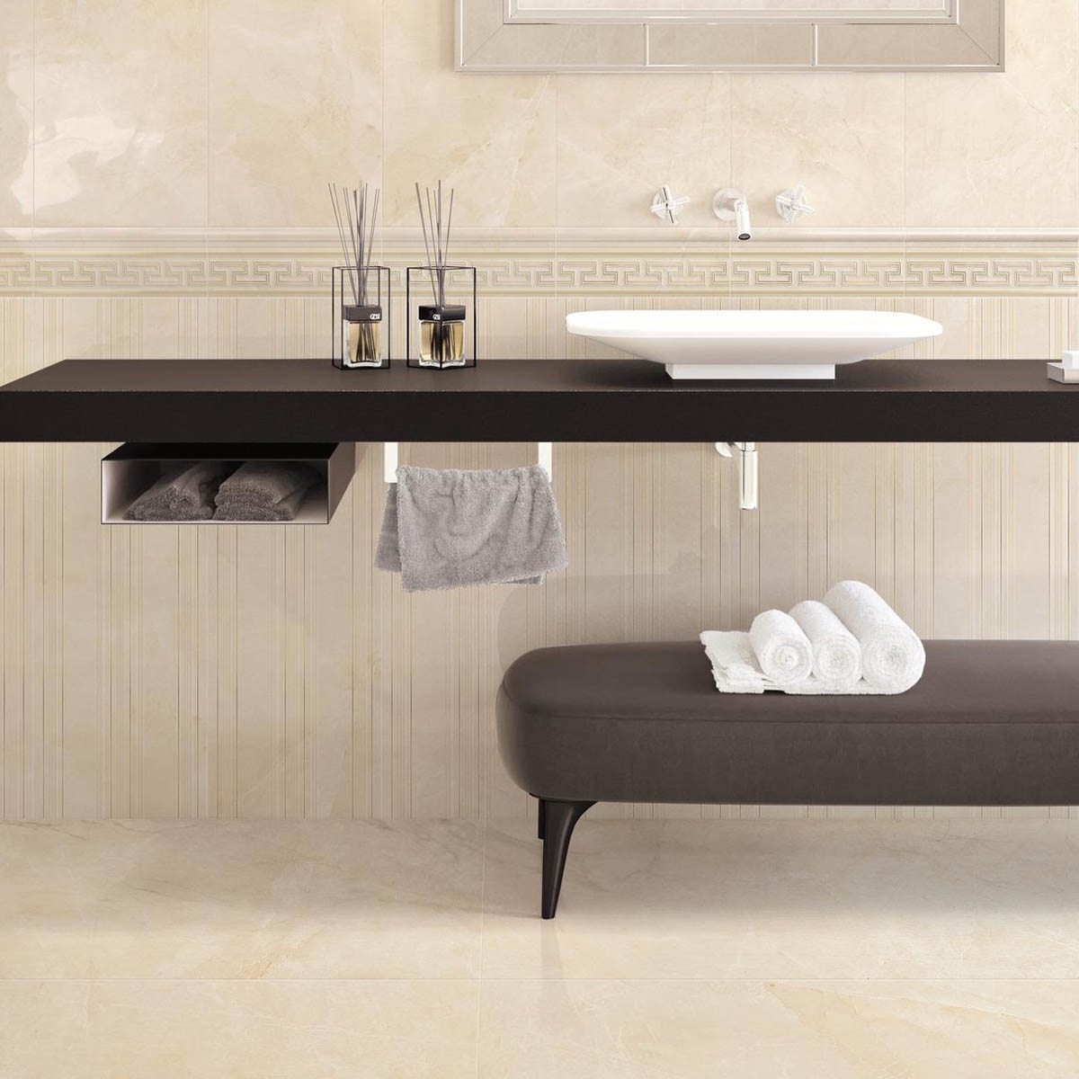 Baño con Pavimento Marbleplay Marfil Lux 58x116