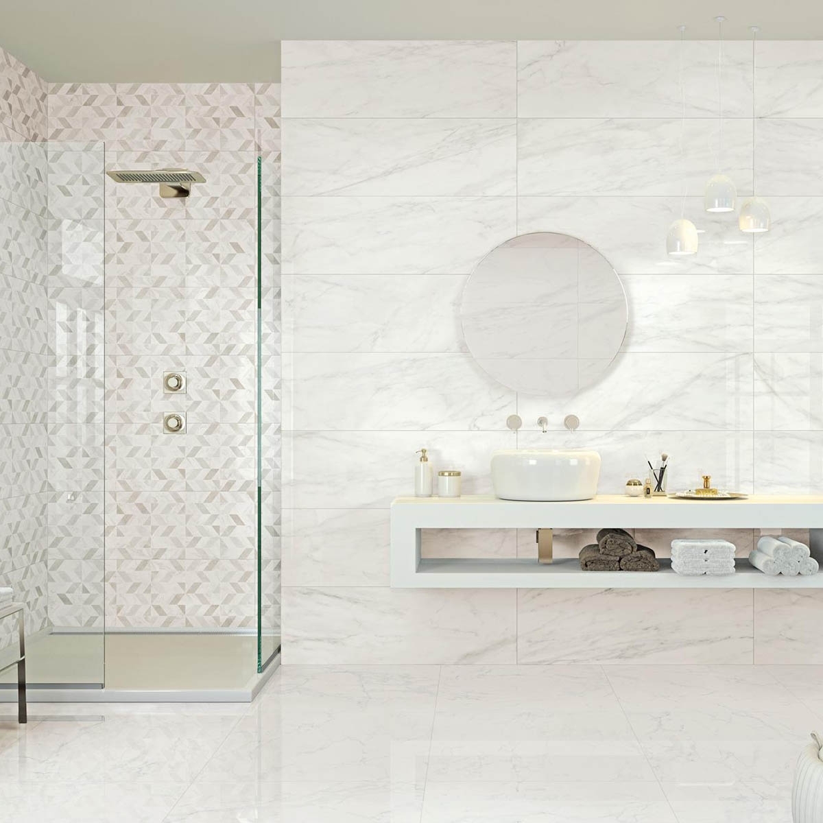 Baño con Revestimiento Marbleplay Decoro Naos White 30x90