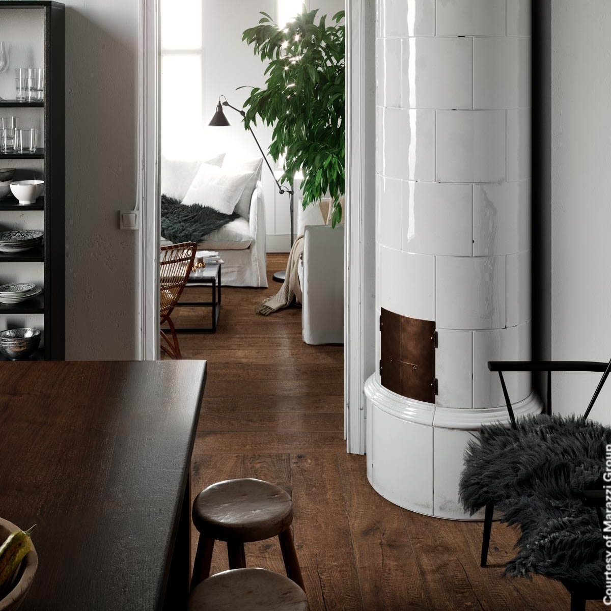 Interior con Pavimento Vero Castagno 20x120