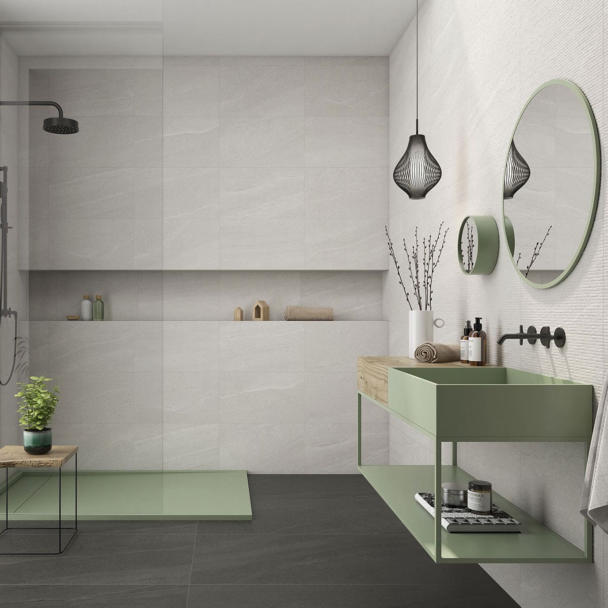 Baño con pavimento Eddystone Mica 120x120