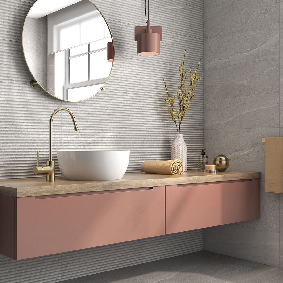 Baño con pavimento Eddystone Perla 60x120