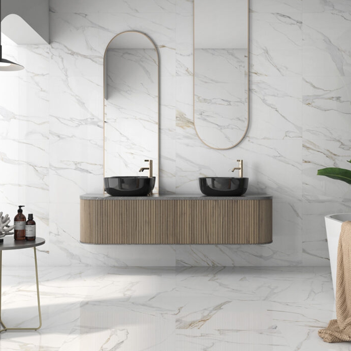 Baño con Pavimento y Revestimiento Boreal Gold 60x120