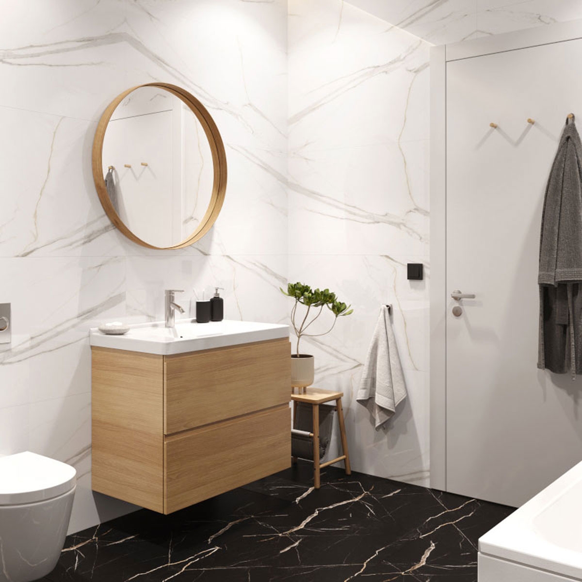 Salle de bain avec revêtement de sol en SPC Calacatta Black 60x60 (Boîte 1,44m2)