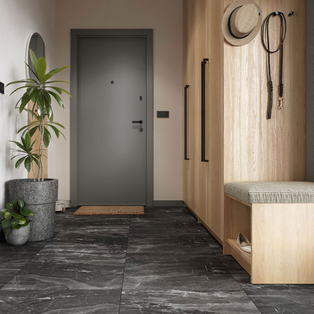 Wohnzimmer mit Spc-Bodenbelag, Dark Stone 60x60 (Box 1,44m²)