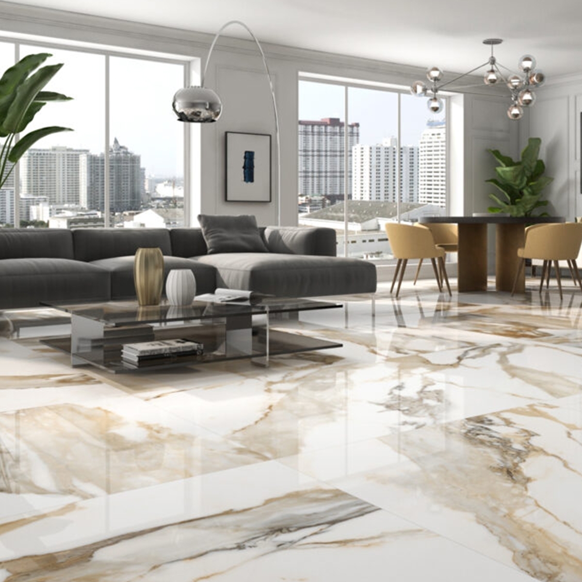 Living Room with Polished Beige Crash Pavement 120x120