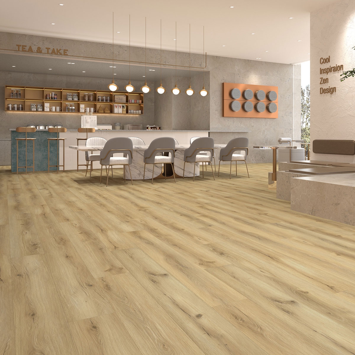 Interior com pavimento Ultramatte Natural Anti-slip Oak 23X184.2