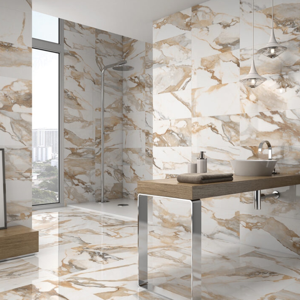 Baño con Pavimento Crash Beige Pulido 60x60