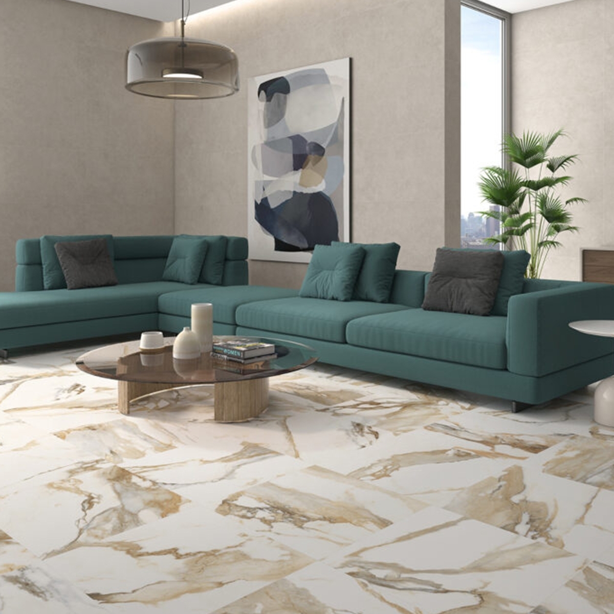 Sala de Estar com Pavimento Crash Bege 60x60