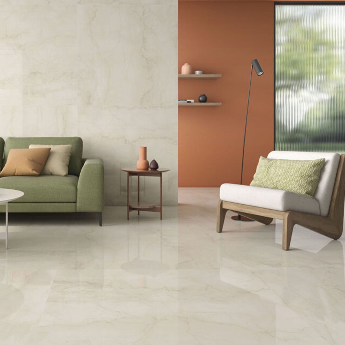 Living Room with Polished Natural Cremo Flooring 120x120