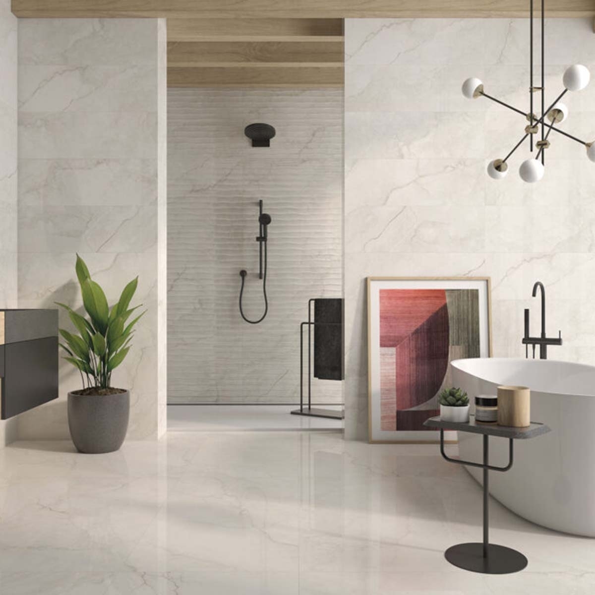 Baño con Pavimento Cronos Marfil Pulido 120x120