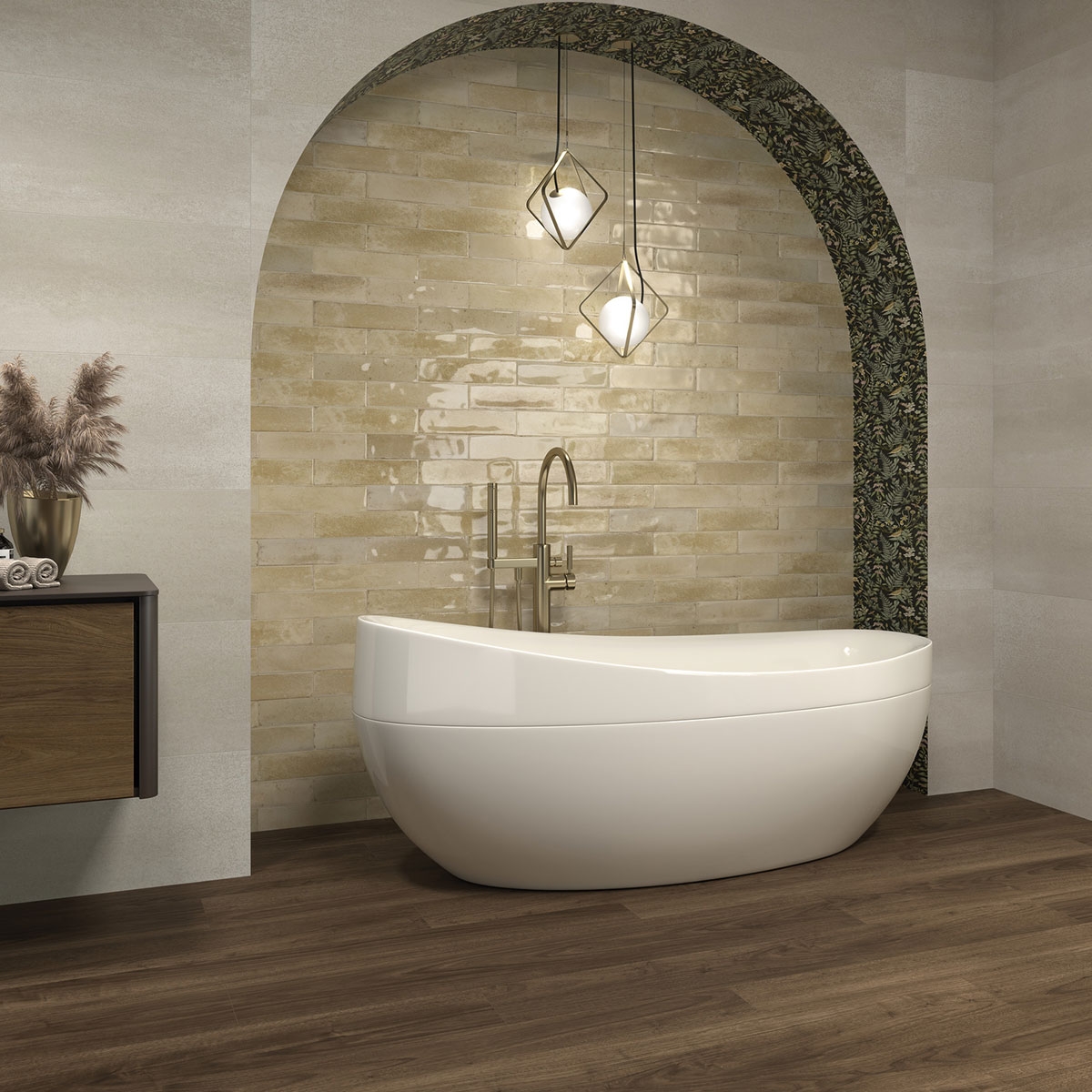 Baño con pavimento Multi Nogal Oscuro Antideslizante 22.5X123.5