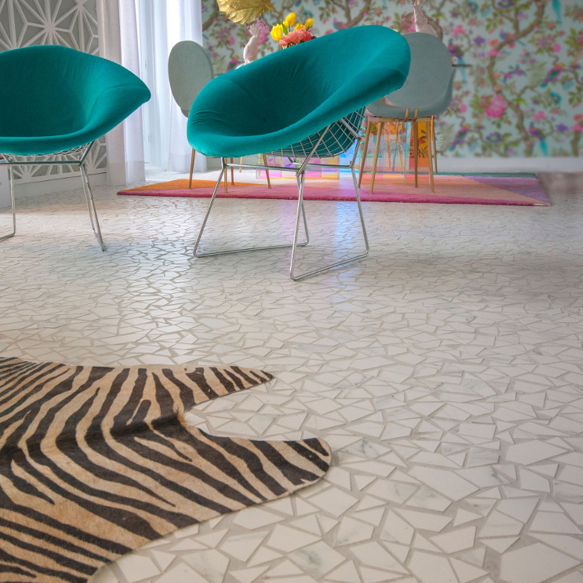 Sala con Pavimento Mosaico Doney Necci Blanco 30x30 (Precio por pieza)