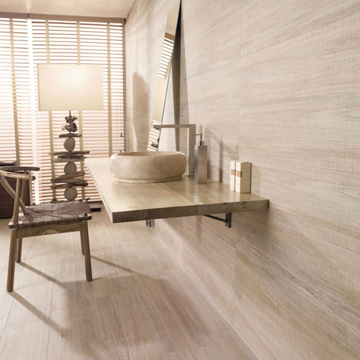 Interior with floor and wall tile Orsa-CR Basic Hazelnut 21.8x89.3