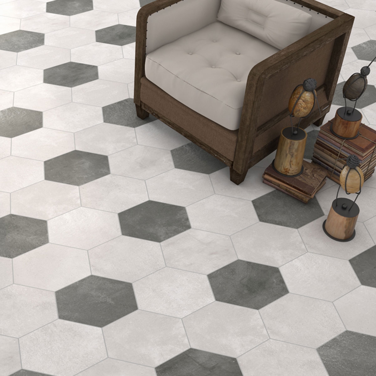 Interior com pavimento Rift White Hexagon 23,3x26,8