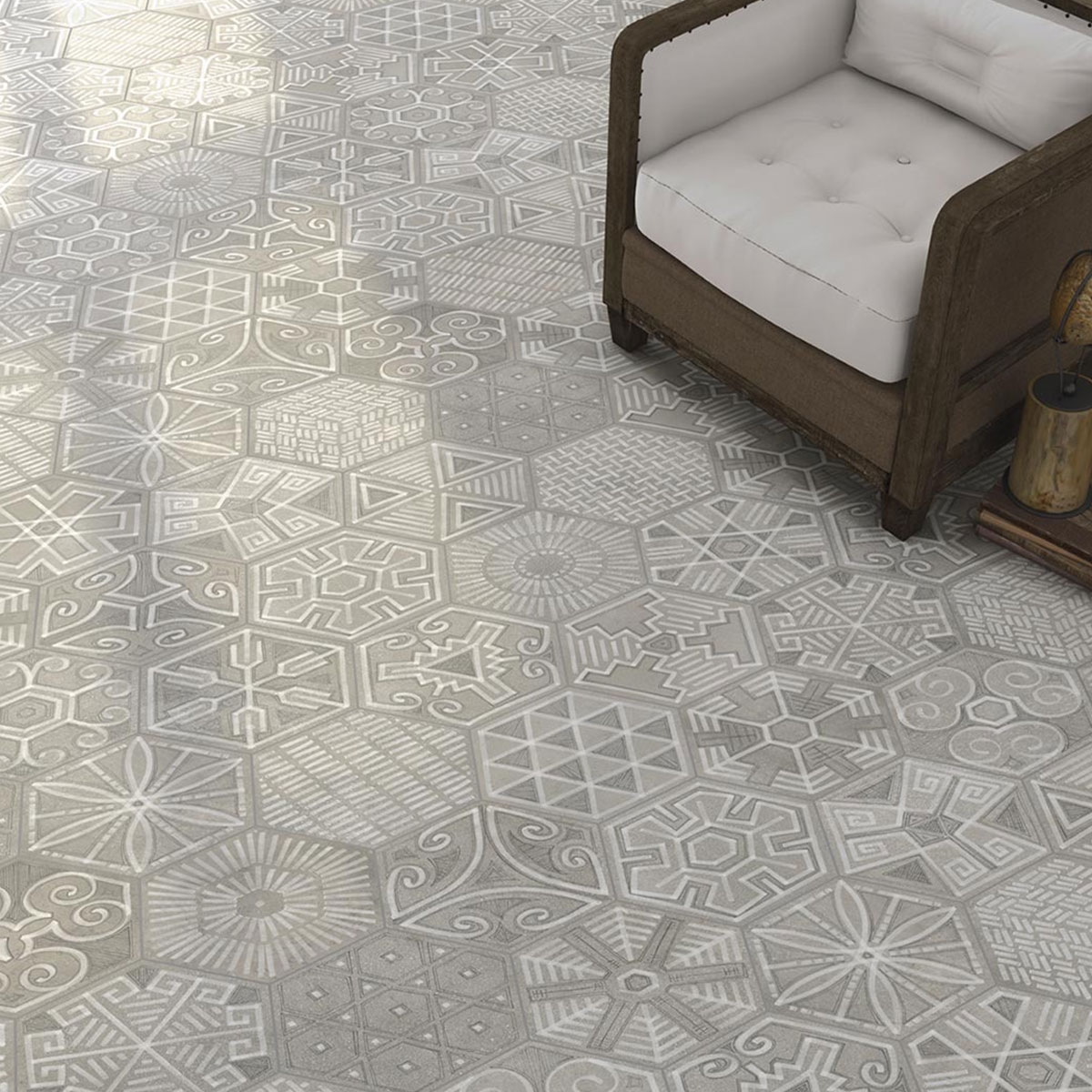 Innenraum mit Hexagon Rift Igneus Zementboden 23,3x26,8