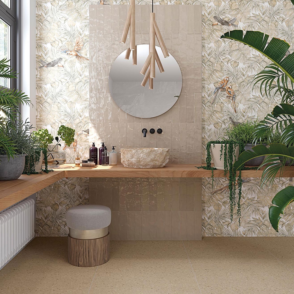 Bathroom with Javea Taupe cladding 8x31.5