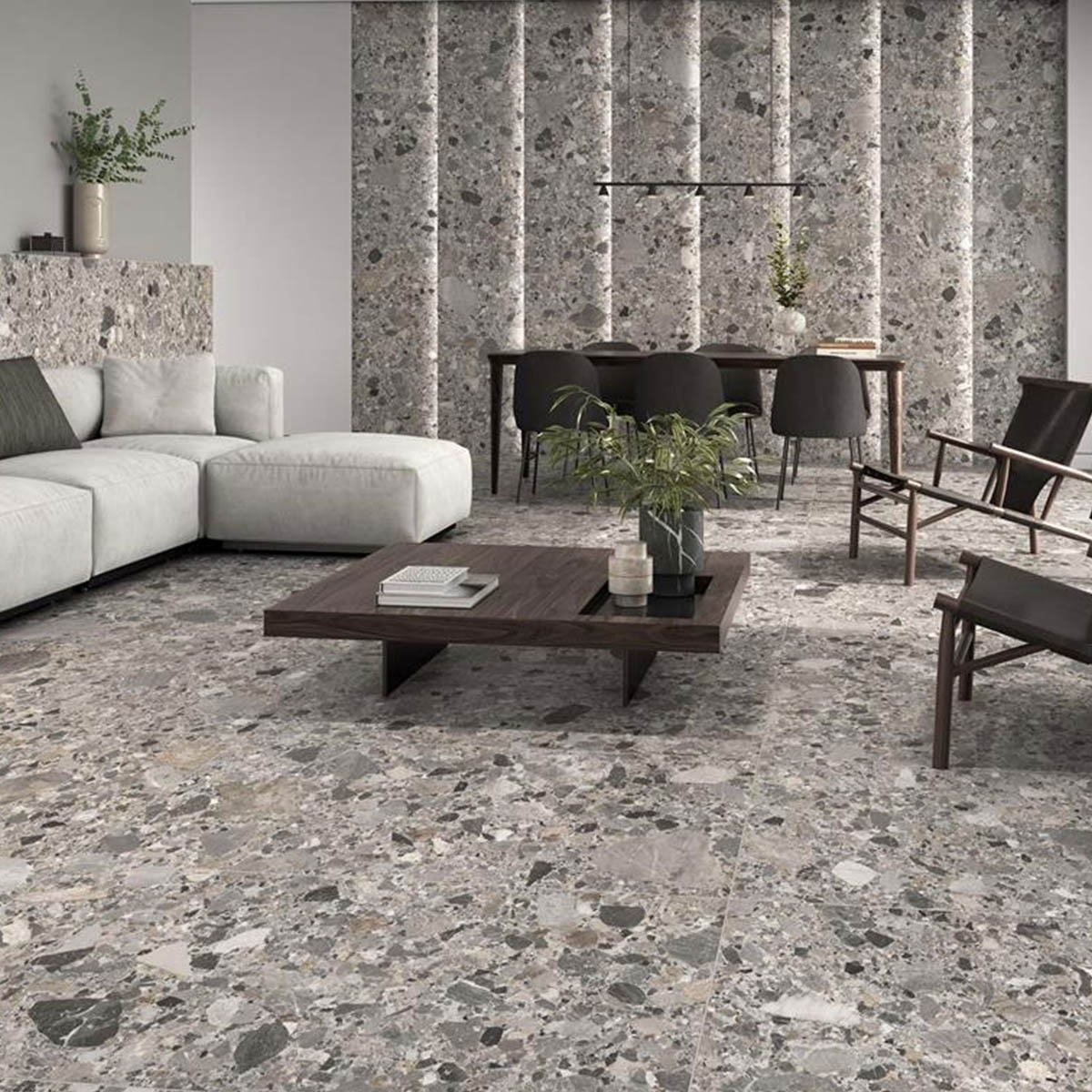 Wohnzimmer mit natürlichem Inlay-Bodenbelag und Beschichtung 60x120