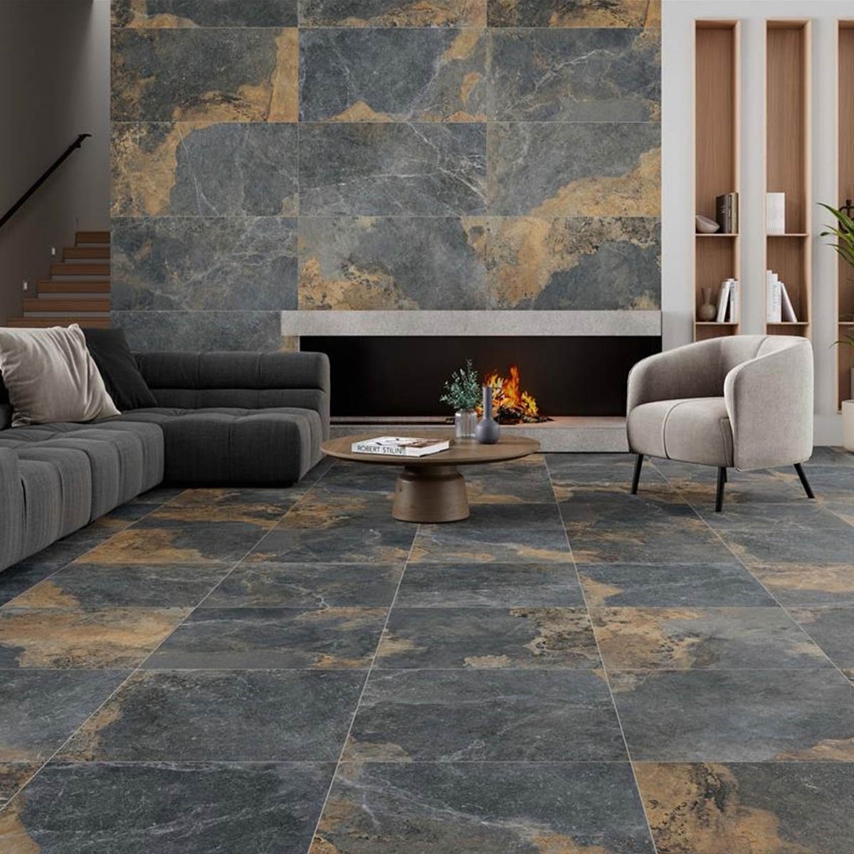 Sala de Estar com Pavimento Natural Strato 60x60