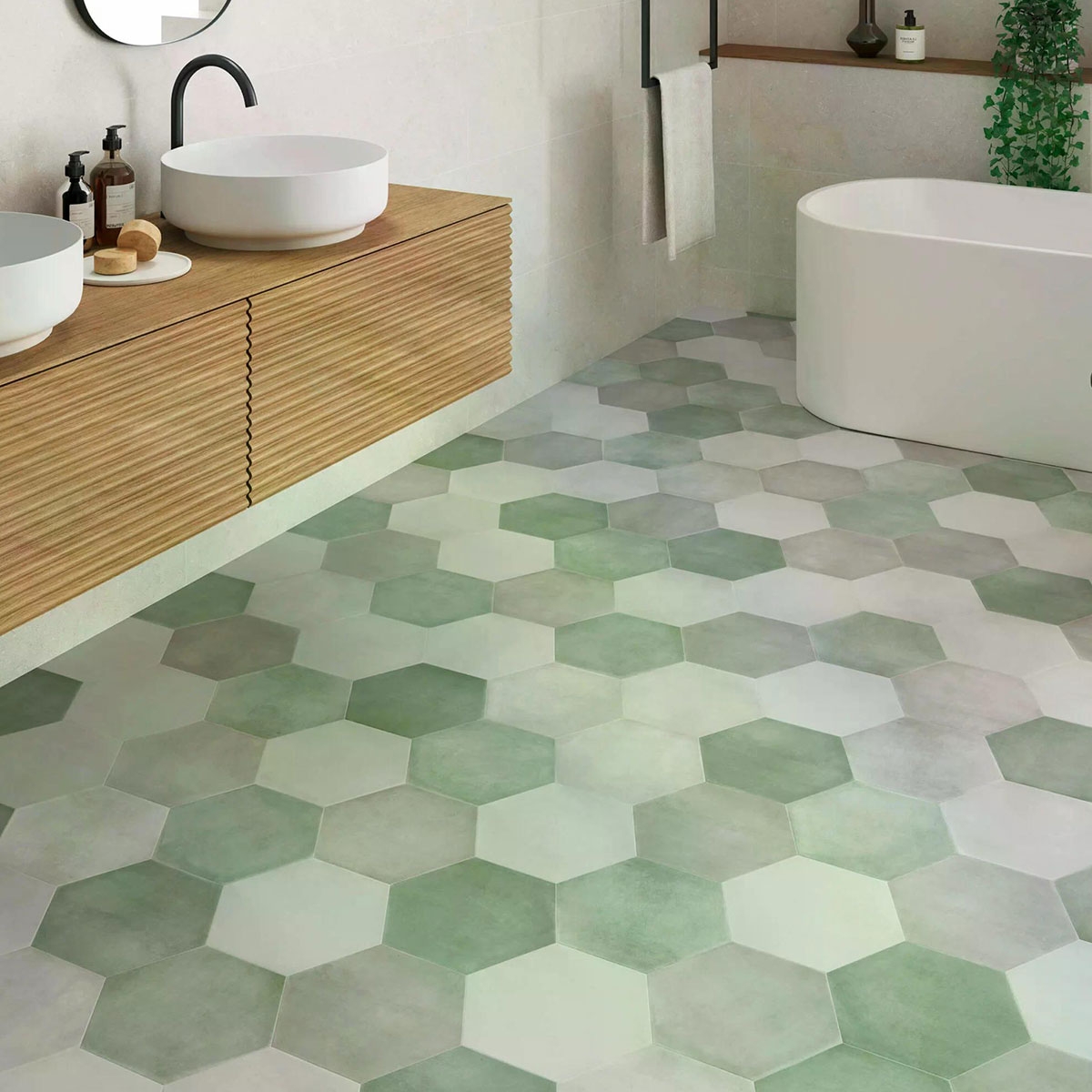 Baño con pavimento Cementine Aqua 23x27