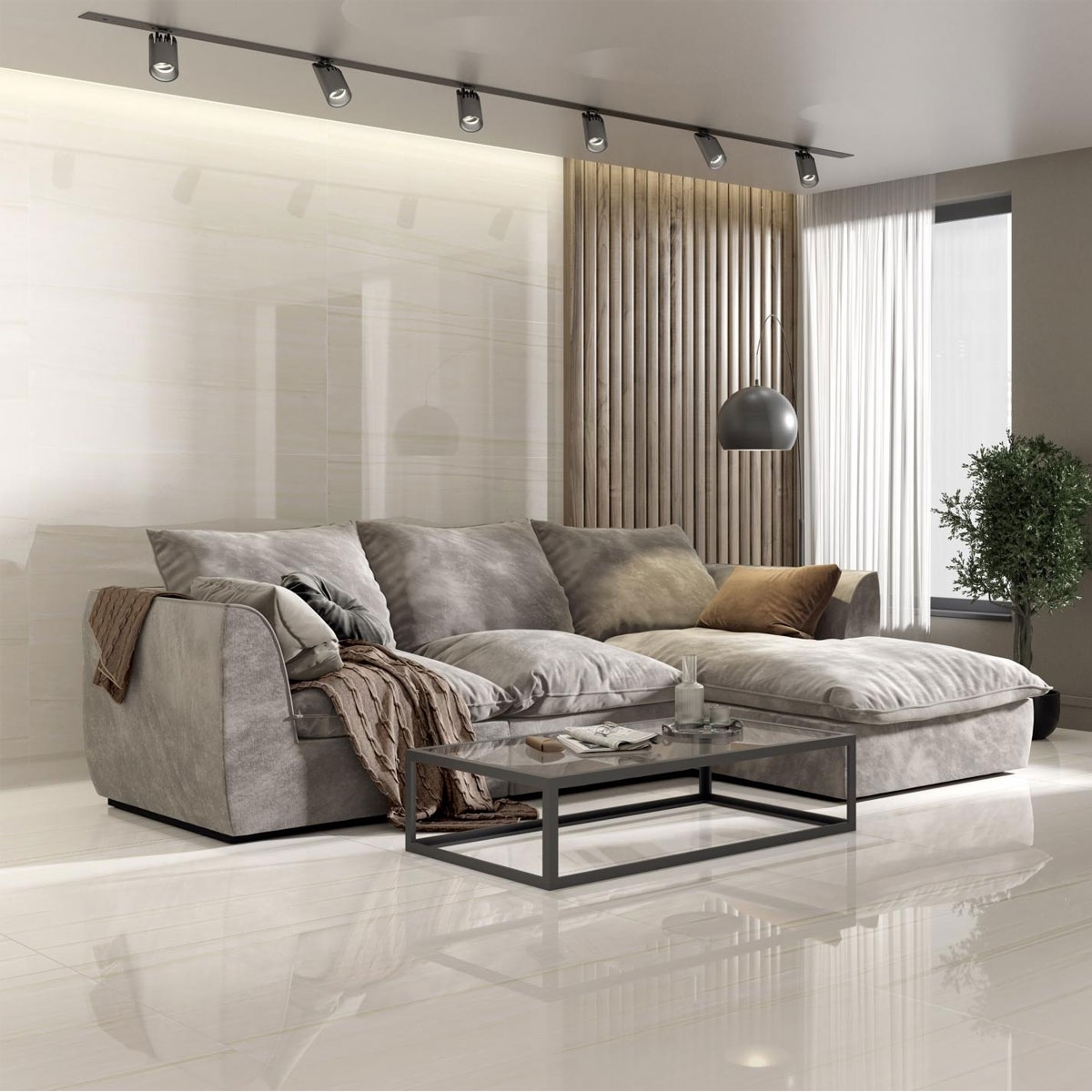 Salon avec sol en dolomite crème 120x120