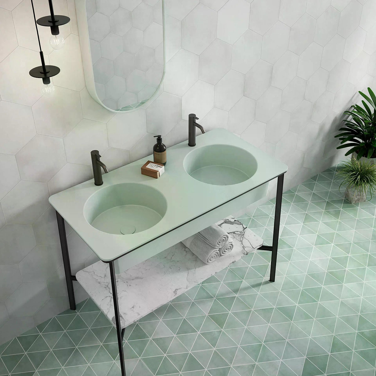 Casa de banho com pavimento Cementine Capri Aqua 23x27