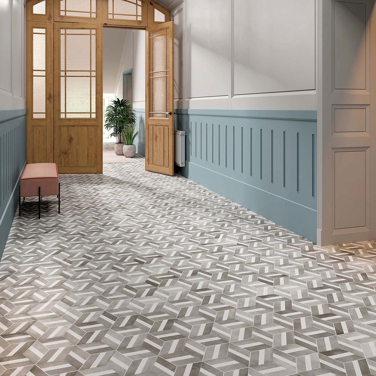 Interior con pavimento Cementine Bari Grey 23x27