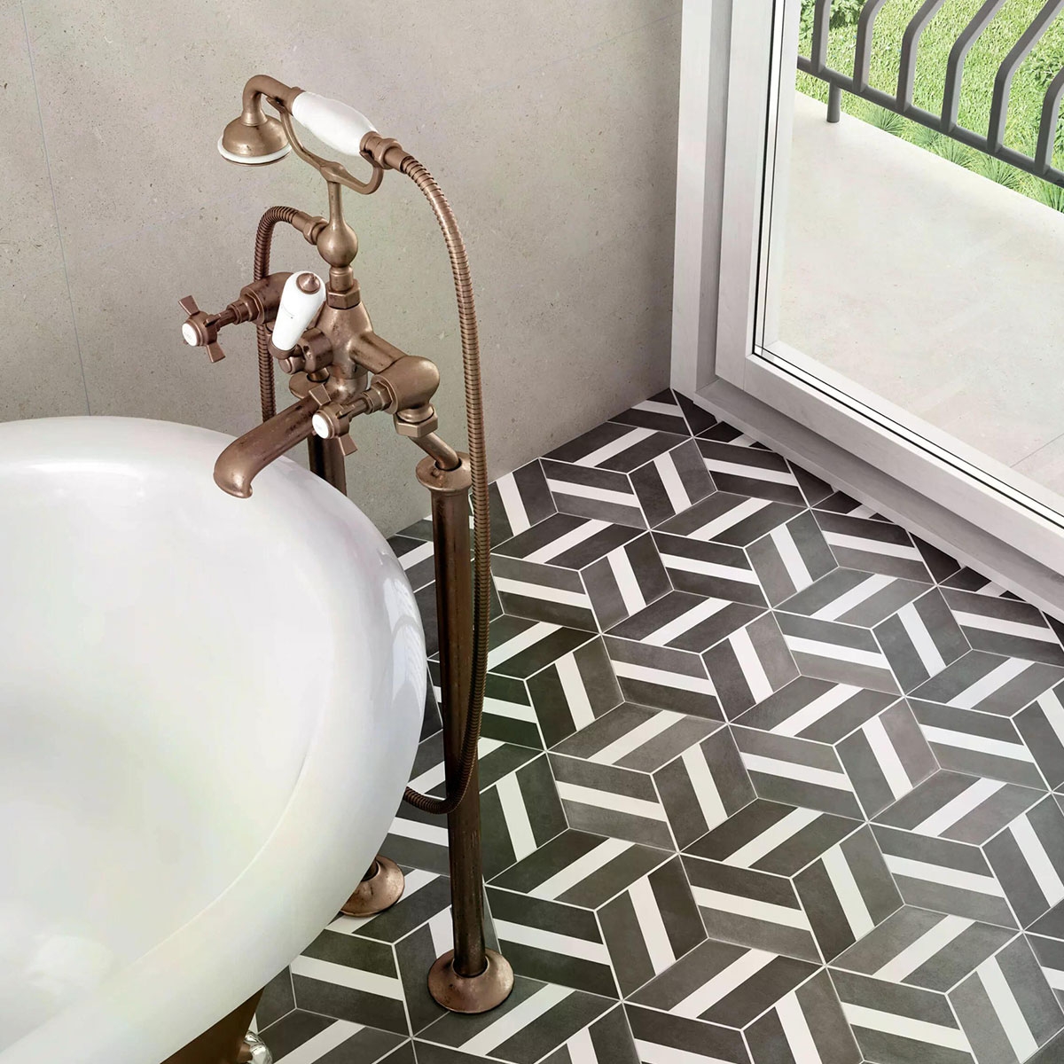 Baño con pavimento Cementine Bari Black 23x27