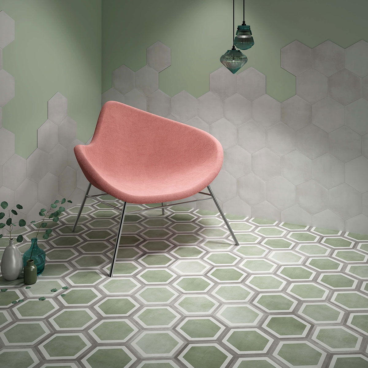 Interior con pavimento Cementine Pisa Aqua 23x27