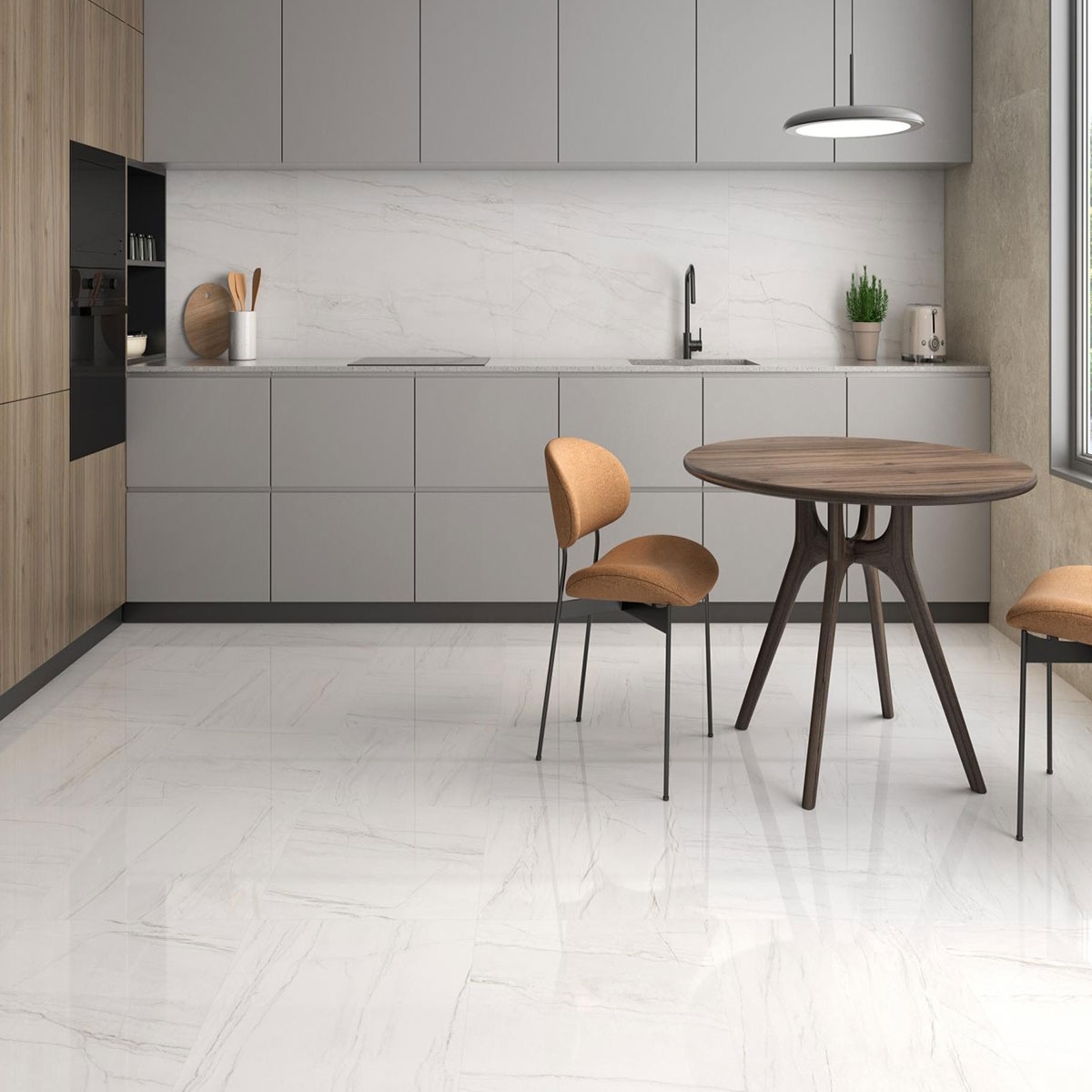 Kitchen with Montebianco Pulido flooring 60x60