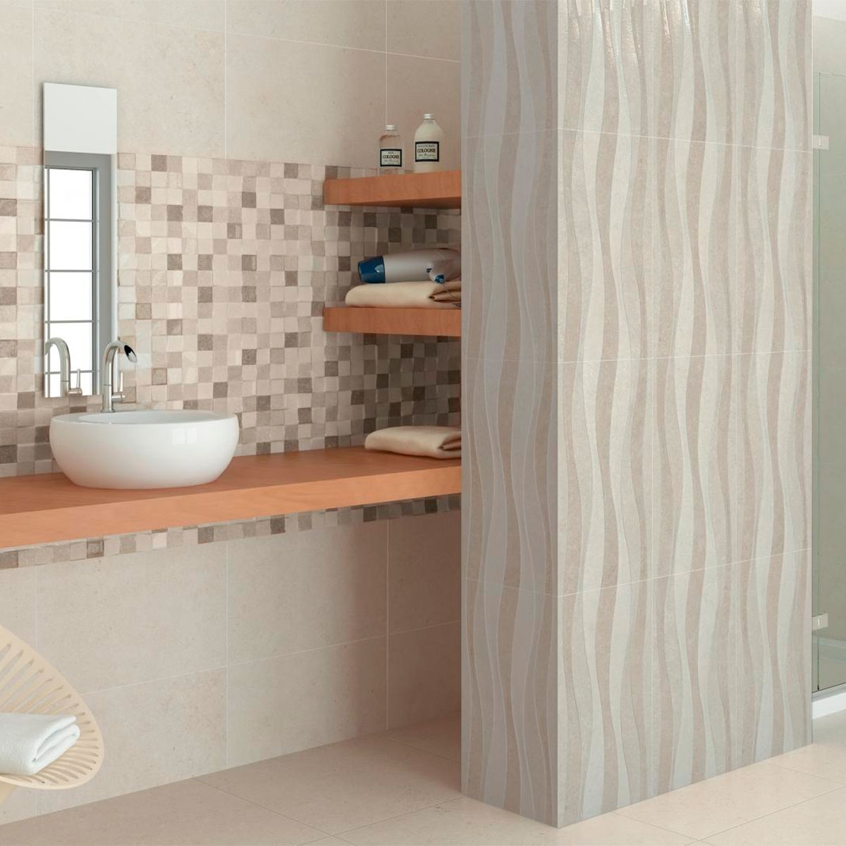 Interior con revestimiento AT Badem Relieve Perla 33.3x55