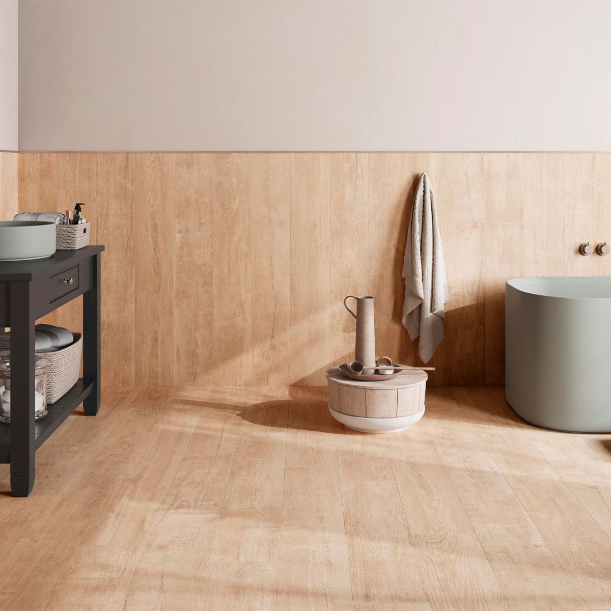 Bathroom with floor and wall tile AT Dakota Maple 20x120