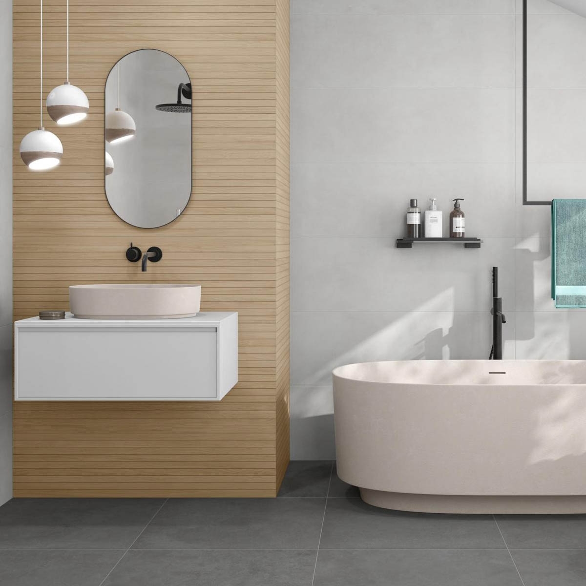 Badezimmer mit Tripoli Ordesa Eichenbeschichtung 33,3x100 (Box 2 m²)