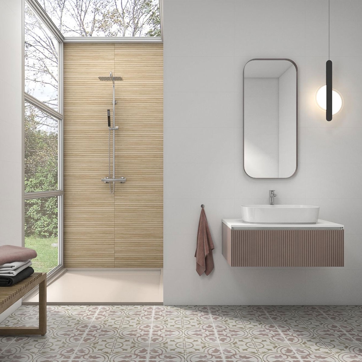 Badezimmer mit Tripoli Ordesa Eichenverkleidung 30x60