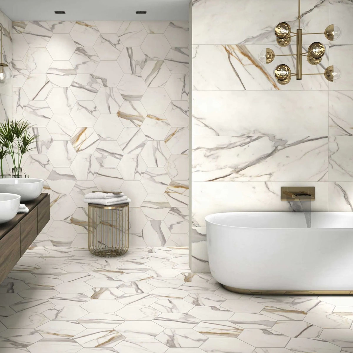 Calacatta Gold Hexagon 28,5x33 Badezimmer mit Wand- und Bodenfliesen