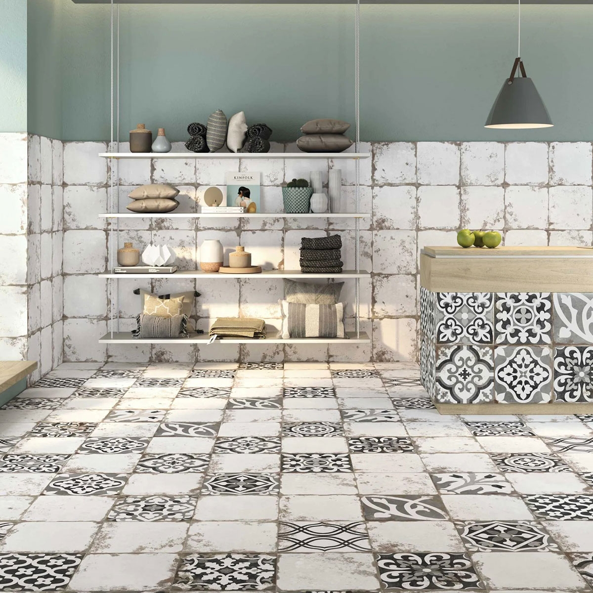 Cocina con Pavimento y Revestimiento Antique White Antideslizante 33x33