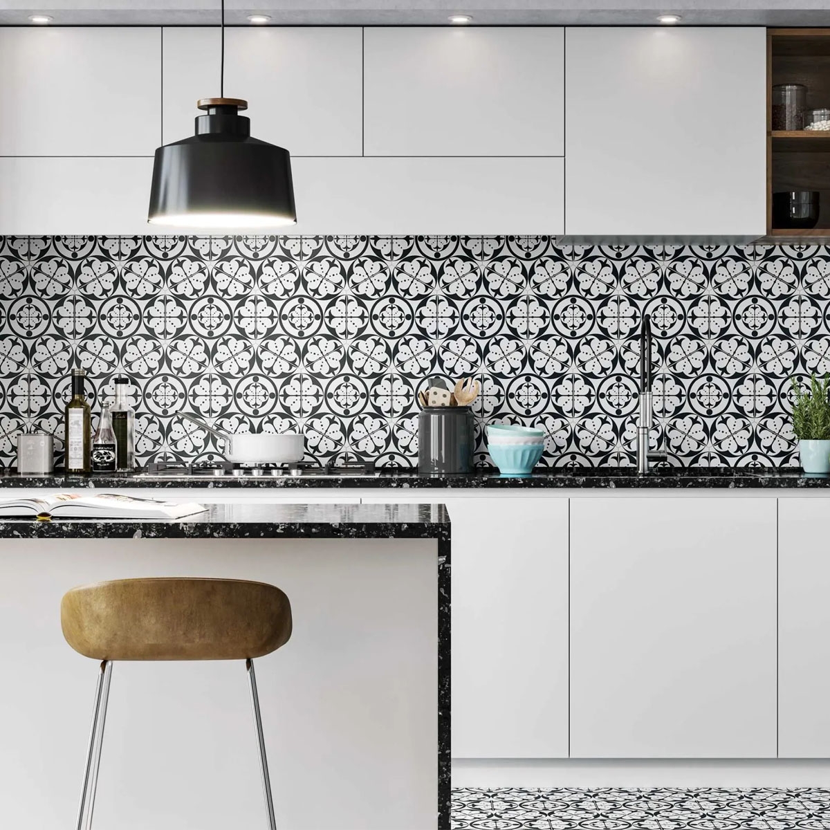 Cozinha com pavimento e revestimento Carnaby Black 28,5x33