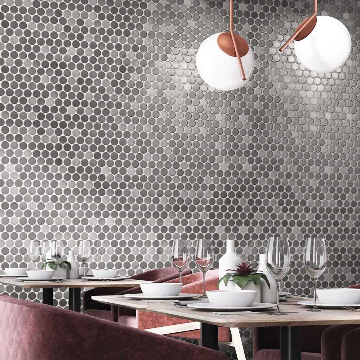 Restaurante con Revestimiento Circle Glossy Grey 30.9x30.9