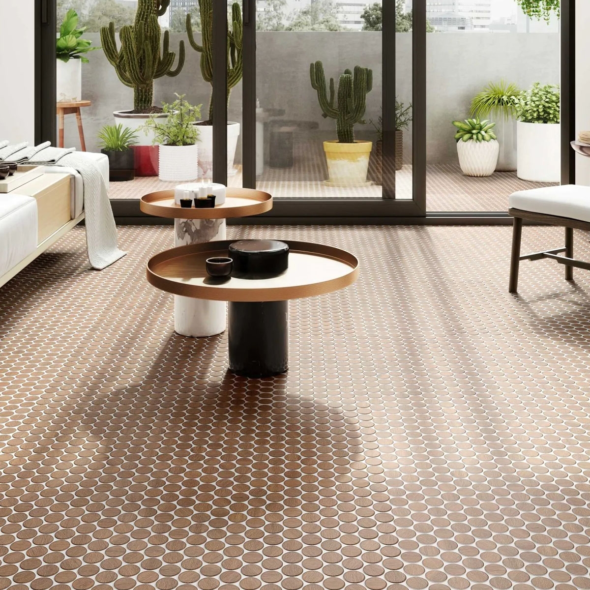 Salon avec sol en noyer circulaire 30,9x30,9