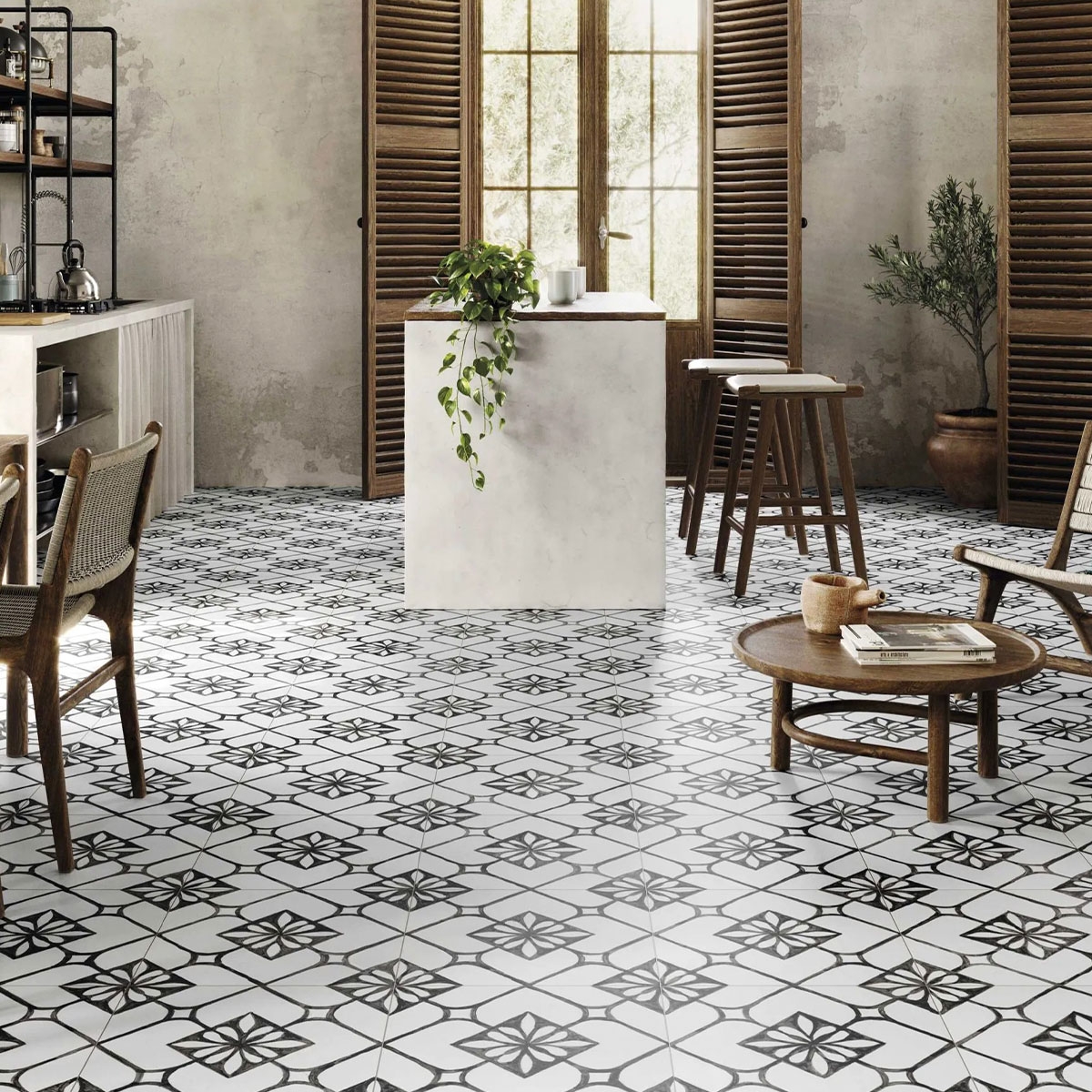 Living Room with Asti Black 44x44 Flooring