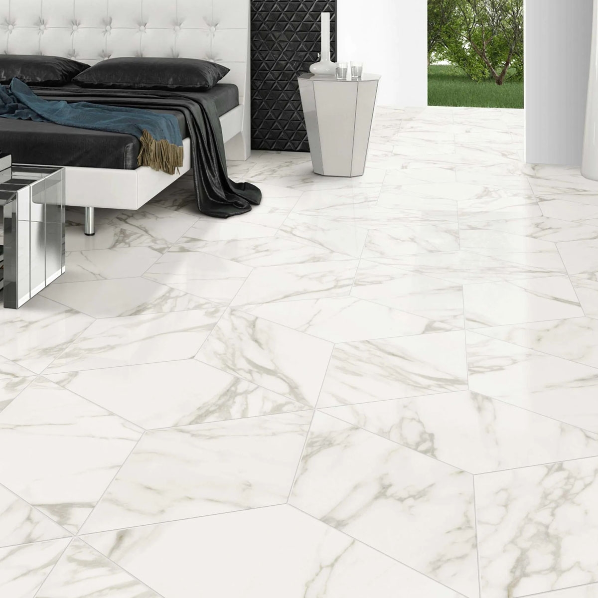 Habitación con Pavimento Diamond Statuario 70x40